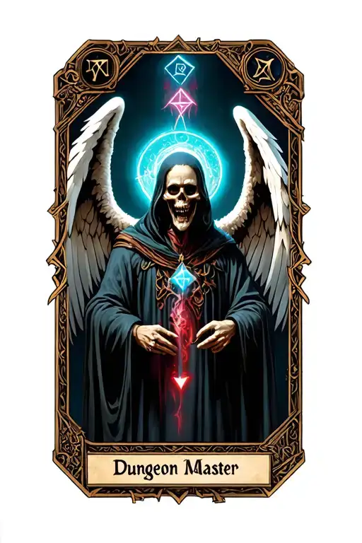 "Dungeon Master " "Dungeon Master " pagan, tarot card, card face, D20 dice, Dungeon Master, fantasy, angel of death, Dungeons and dragons  tattoo design idea