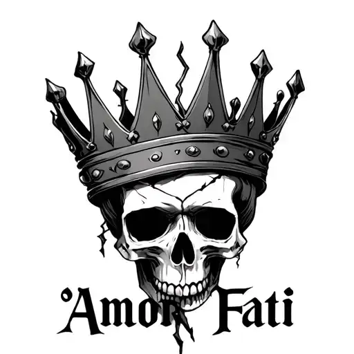 "Amor Fati" skull wearing broken crown tattoo design idea