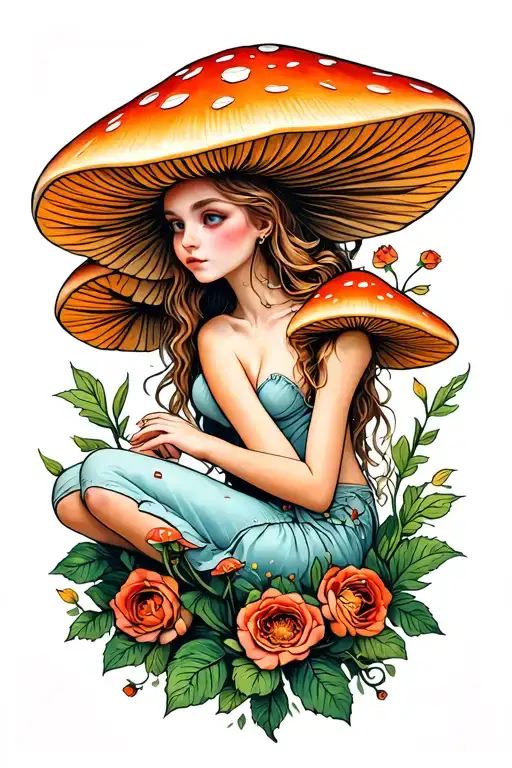 mushroom and fairy sitting tattoo design idea