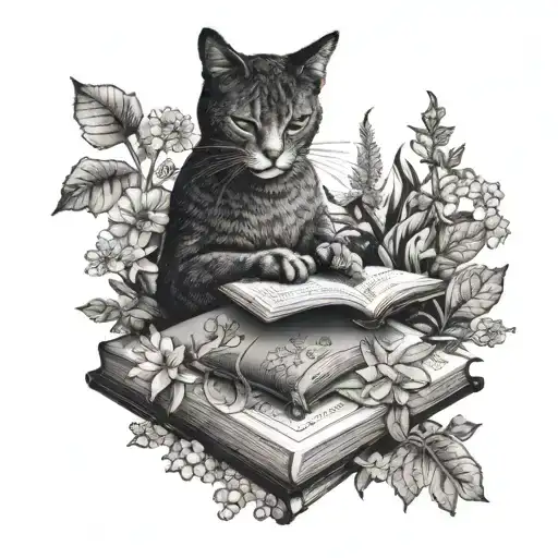 A dotwork tattoo of a mysterious cat reading a book in a garden filled with unique plants and flowers tattoo design idea