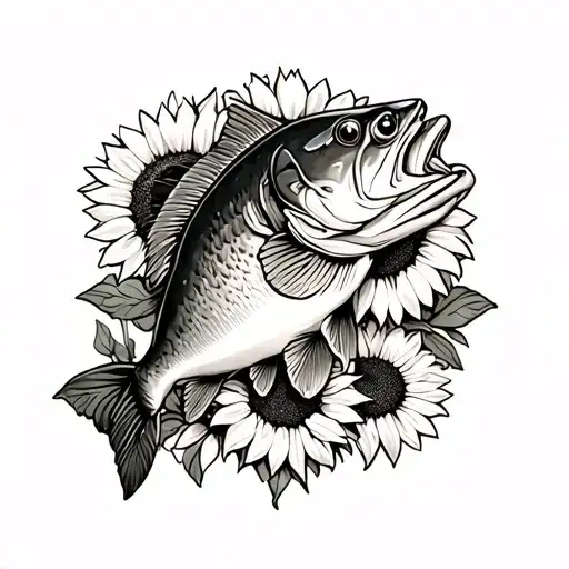largemouth bass and sunflowers intertwined tattoo design idea