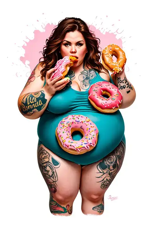 morbidly obese caucasian model in her early 20s  eating donuts tattoo design idea
