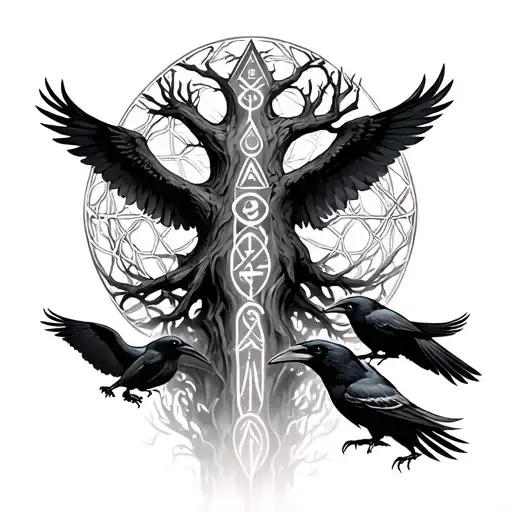 Black and gray vertical tattoo: Vegisir at the top, yggdrasil tree to the center with Rune Eihwaz, Ravens of Odin (Huginn tattoo design idea
