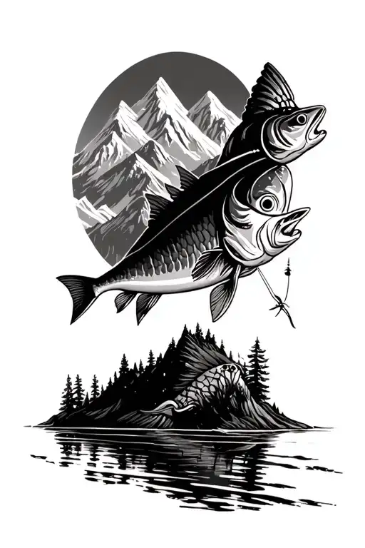 fishing adventure mountains perspective change tattoo design idea