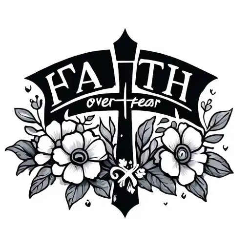 Dainty tattoo that says faith over fear with a cross and flowers in a line small tattoo design idea