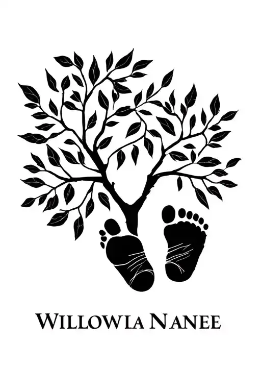 willow tree with baby's foot print with name in leaves tattoo design idea