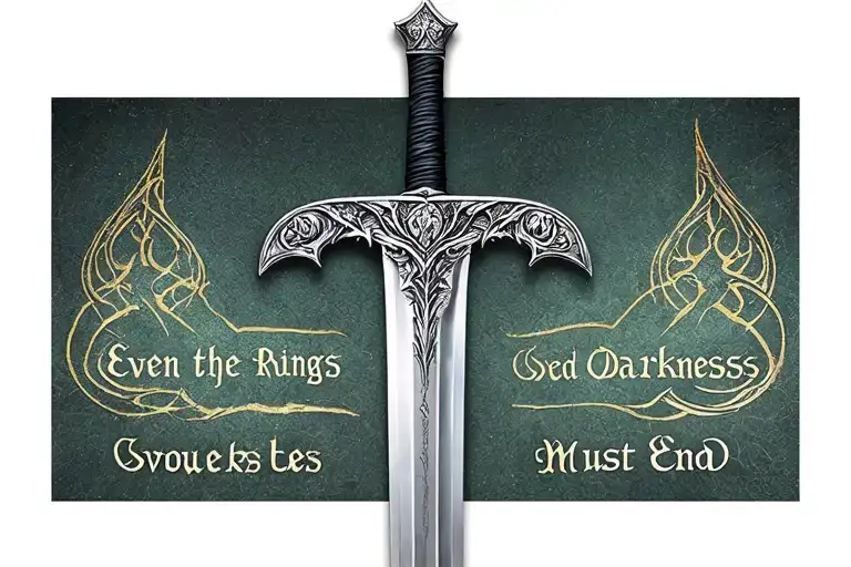 lord of the rings sword of the king with elvish writing "even the darkness must end" tattoo design idea