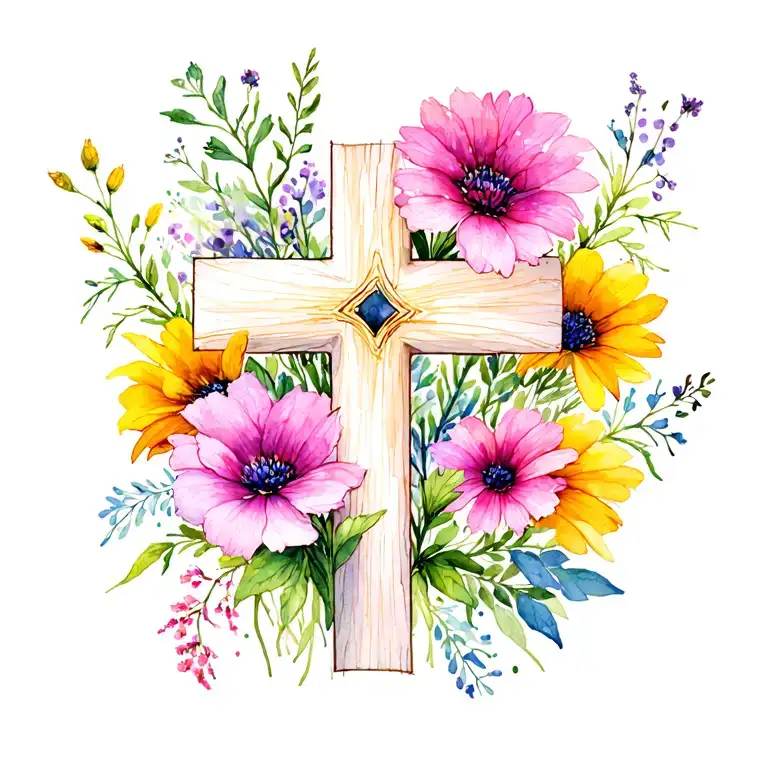 delicate cross with wild flowers intertwined tattoo design idea