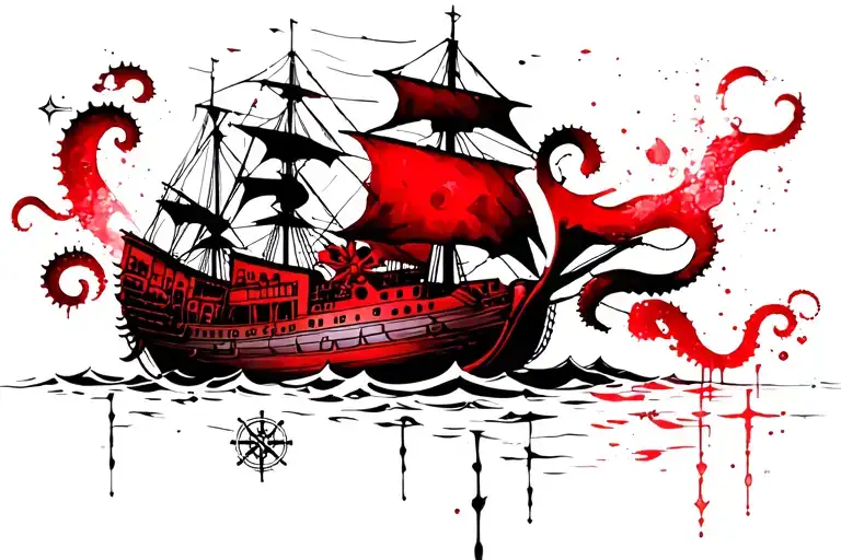 pirate ship with kraken, compass rose, map linework, and steraring wheel tattoo design idea