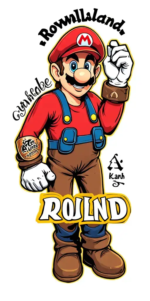 "Rowland" in a video game text like the start screen for the game Mario with player names above it to go down an arm tattoo design idea