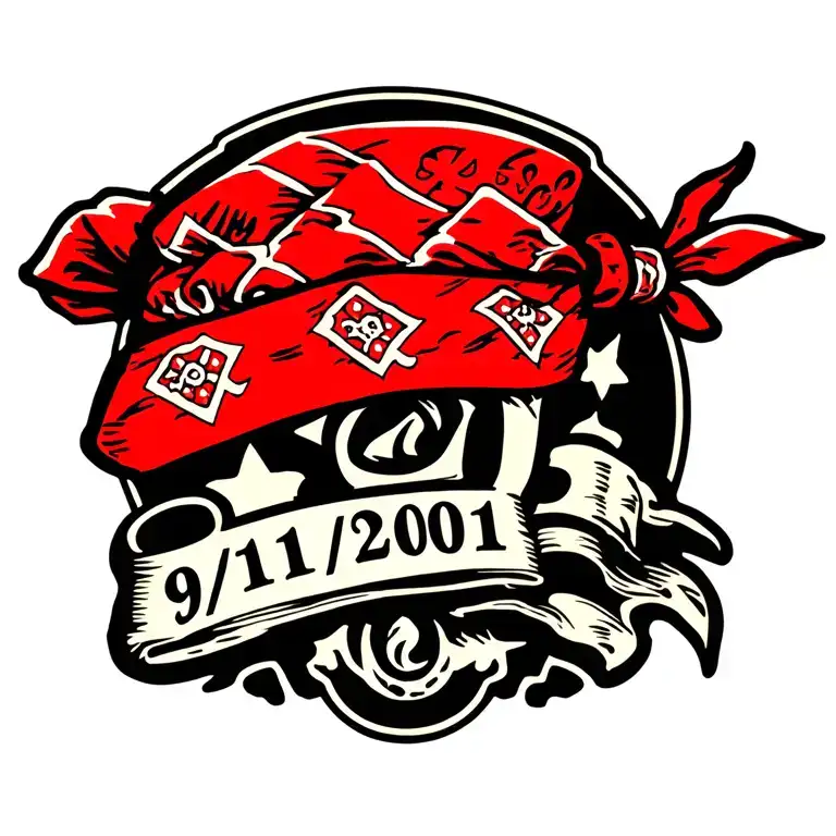 the number 19 colored in with a fainted red bandana and the date "9/11/2001" underneath tattoo design idea