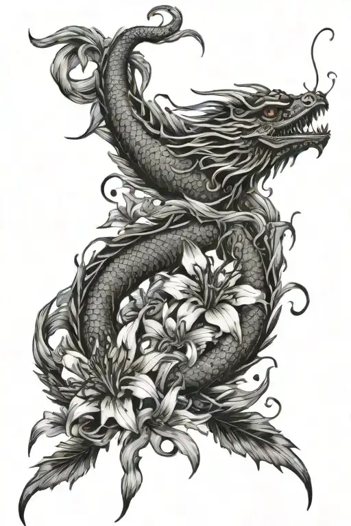 Lycoris radiata Higanbana flowers with a dragon and Koi carpe tattoo design idea