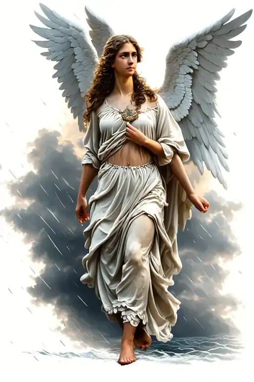 Guardian angel walking through a storm tattoo design idea