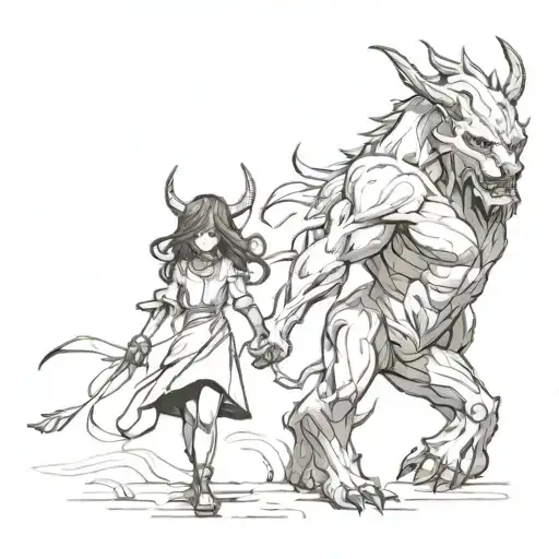 a girl and a beast demon walking side by side holding hands tattoo design idea