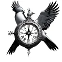 2 doves holding a compass clock face tattoo design idea