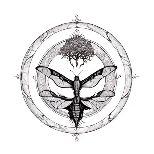 An oroboros, creating a circle with a tree and Luna moth inside. the phases of the moon surround the outside tattoo design idea