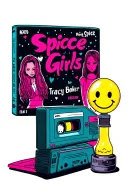 90s style with Spice Girls tape cassette Tracy Beaker book Lava lamp, yellow smile face, game, Friends on TV  tattoo design idea