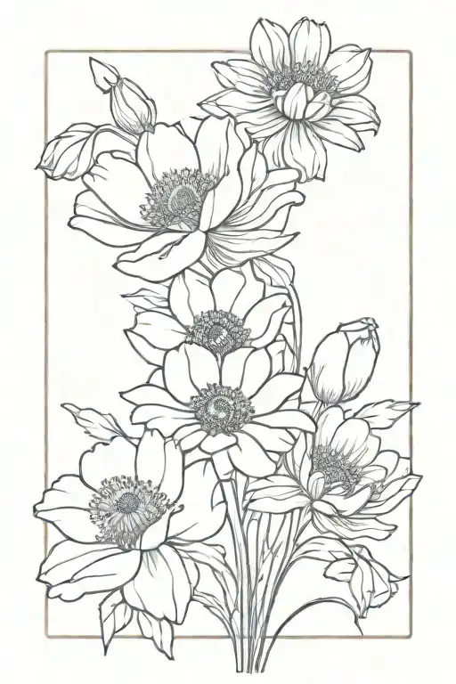 * Poppy, chrysanthemum, snowdrop bouquet tied tattoo design idea
