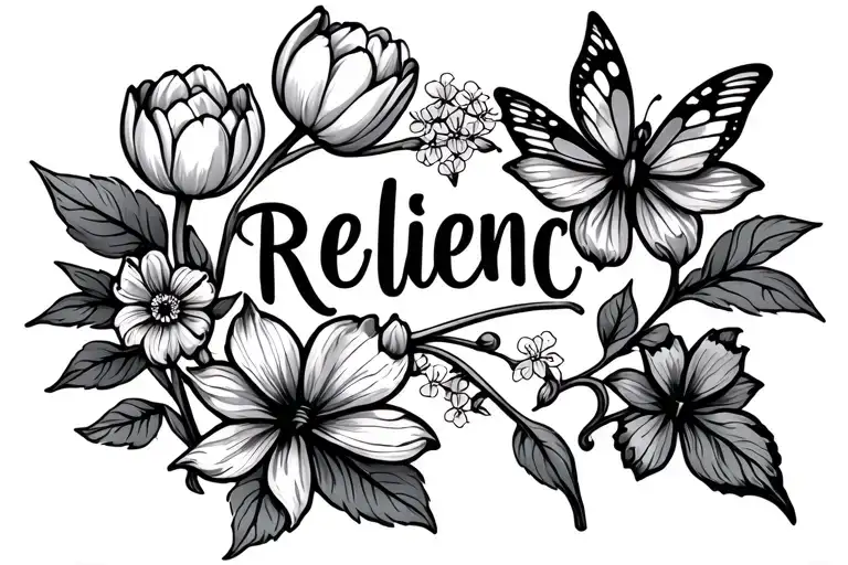 a minimalist tattoo with the word resilient in handwriting with 1 tulip and butterfly bush flowers attached to the word tattoo design idea