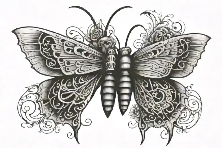 moth with the words "Romans 8:18" under it wrapped around tattoo design idea