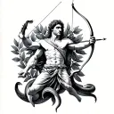Apollo holding bow and arrow, taking down python. include laurel leaves, tattoo design idea