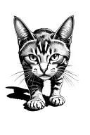 black walking cat with scary cat shadow under it but exactly look like it cat head look down real cat look realistic tattoo design idea