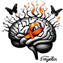multiple sclerosis neuron firing in the brain with butterflies and an orange ribbon with the words Keep S'myelin tattoo design idea