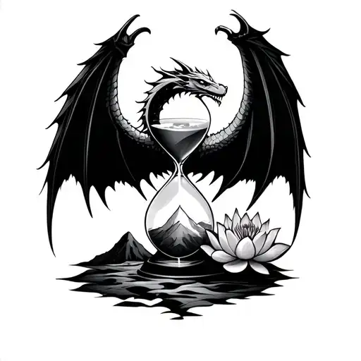 Hourglass with dragon wings extended from each side. Place also crescent moon with lotus flower and a mountain tattoo design idea