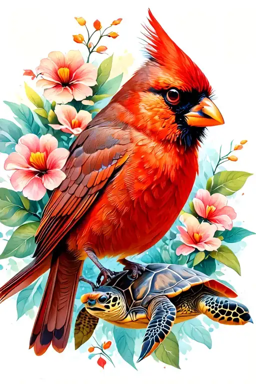 cardinal with flowers and a sea turtle tattoo design idea