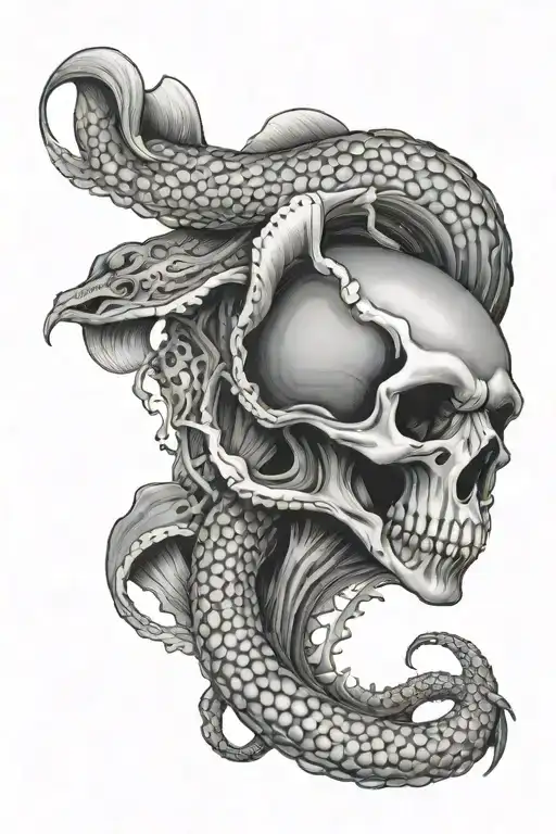 moray eel wrapped through skull tattoo design idea