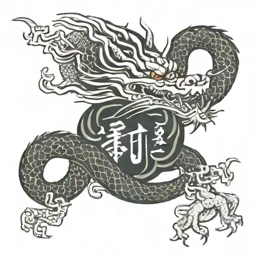 A Chinese dragon writhing around hieroglyphs of strength and luck tattoo design idea