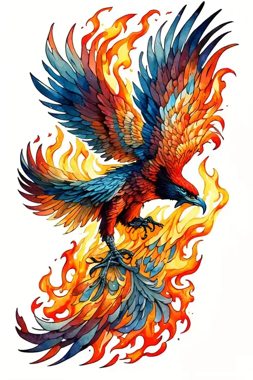 watercolor phoenix rising from flames tattoo design idea
