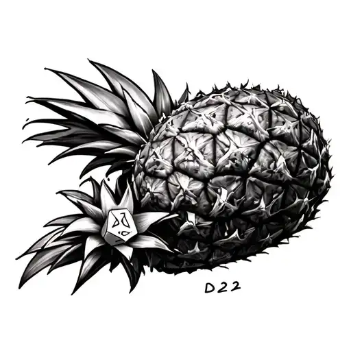 upside-down pineapple with a D20 in it tattoo design idea