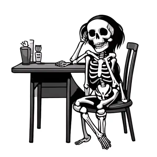 Cute cartoon skeleton sitting at a table. She is leaning her head on the right hand and her left elbow is on the table w tattoo design idea