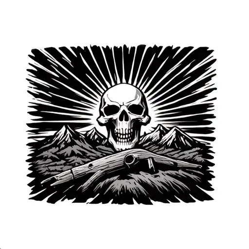 realistic Northern Arizona landscape, incorporate hunting, skulls, sunburst, fire tattoo design idea