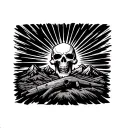 realistic Northern Arizona landscape, incorporate hunting, skulls, sunburst, fire tattoo design idea