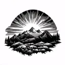 realistic Northern Arizona landscape, incorporate hunting, skulls, sunburst, fire tattoo design idea