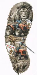 Tractor Plowing, Punjab map with a sword, Farmer man,Lion, Playing Cards tattoo design idea