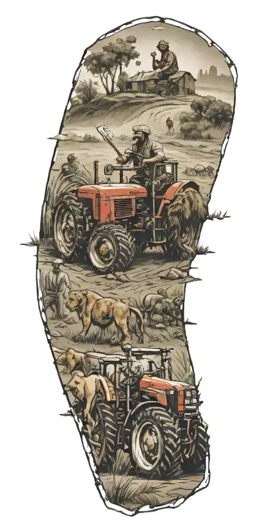 Tractor Plowing, Punjab map with a sword, Farmer man,Lion, Playing Cards tattoo design idea