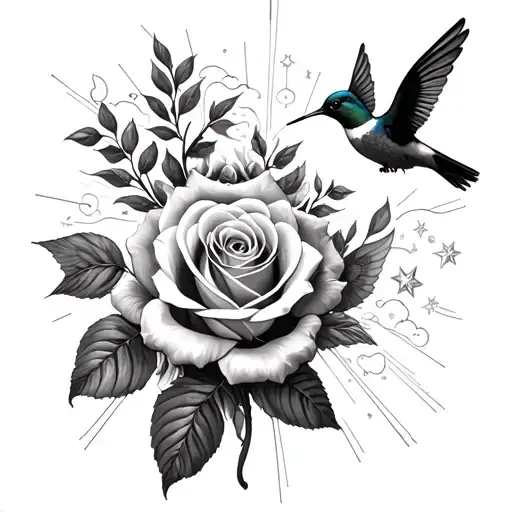 roses humming birds sun rays heavenly clouds feminine cherubs twinkle stars tattoo design idea