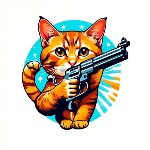 orange cat with gun morphing tattoo design idea
