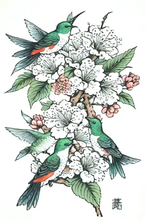 japenese cherry blossoms with humming birds   tattoo design idea