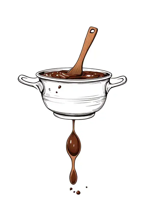 Cocoa fruits combined with pan full of chocolate and a wooden spoon. tattoo design idea