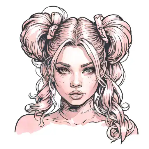 Petite sexy Girl, huge butt, average boobs, pink skin tight latex jumpsuit, pink eyes, pink really long pigtails. sexy tattoo design idea