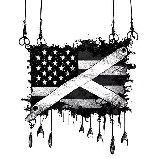A half American flag, half Scotland flag design with fishing lures hanging off the edges tattoo design idea