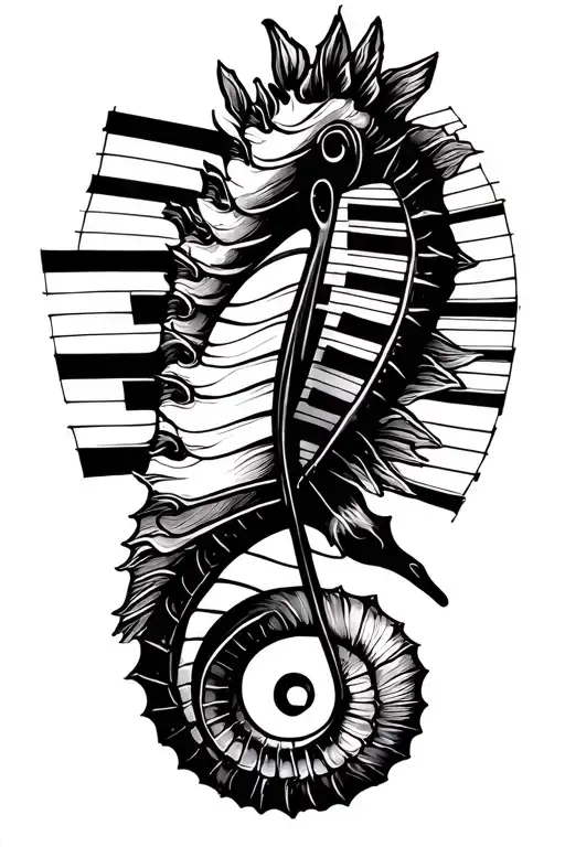 Soprano clef and piano keys flowing into seahorse tail blended with fibonacci spiral  tattoo design idea