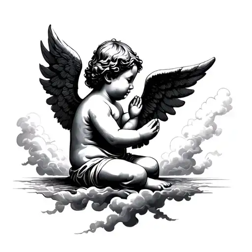 Baby Angel Praying before a storm clouds tattoo design idea