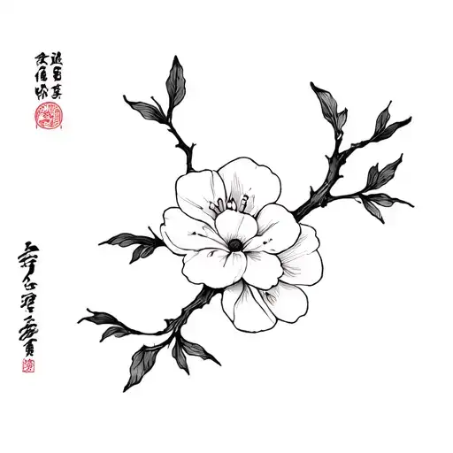 Vietnamese tet flower (hoa mai) on a branch to be placed on the hip, it has to be fine line, minimalist, black and white tattoo design idea