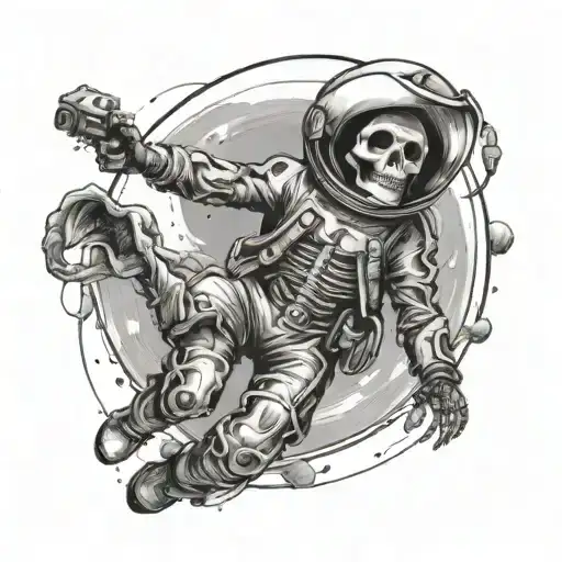 astronaut floating in space with a cowboy hat and skeleton head tattoo design idea