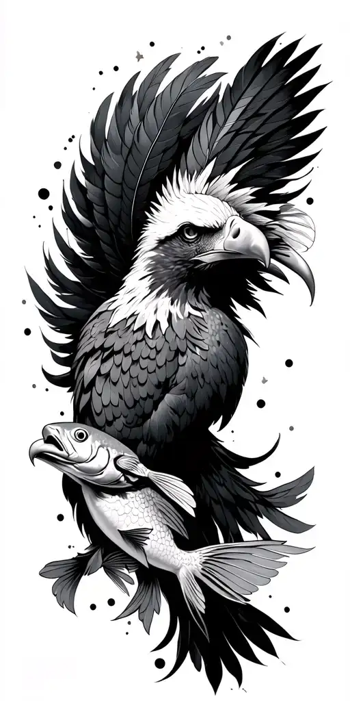 Full Sleeve with Fish Scatget Hands Moved, Bras in Japanese clouds and Shall in Eagle Plume tattoo design idea